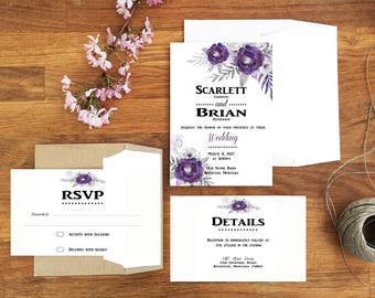 Watercolor Wedding Invitation Printable, Wedding Invitation Digital Download, Purple Wedding Invites, Watercolor Flower Invitation, Invite