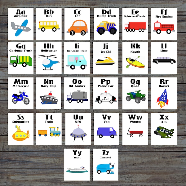 Printable, Nursery Decor, Nursery Wall Art, Nursery Alphabet, Wall Cards, Flash Cards, Cars, Trucks, Educational Toys, Instant Download