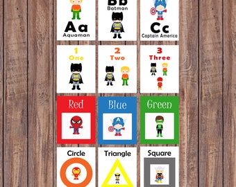 Flash Cards, Superhero, Alphabet Cards, Learning Toys, Educational Toys, Printable Cards, Number Cards, Instant Download, Printable Download