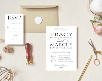 Printable Navy Wedding Invitation Set, Modern Minimal Digital Download, Minimalist Wedding Invite, Simple Wedding, Elegant