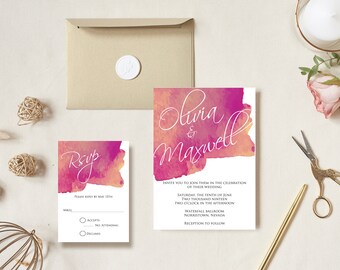 May include: Wedding invitation suite with a watercolor design in shades of pink and orange. The invitation features the names "Olivia & Maxwell" in white script. The RSVP card has a matching watercolor design and includes a space for guests to indicate their attendance.