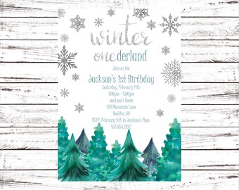 May include: A winter wonderland themed first birthday party invitation with a silver glitter font. The invitation features a watercolor illustration of a forest with green trees and snowflakes. The text on the invitation reads "winter onederland" and "Join us for Jackson's 1st Birthday". The invitation also includes the date, time, location, and RSVP information.