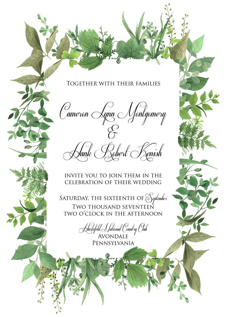 Greenery Wedding Invitation Printable Watercolor Wedding Invitation Set Botanical Wedding Invites Digital Download Invitations Wedding