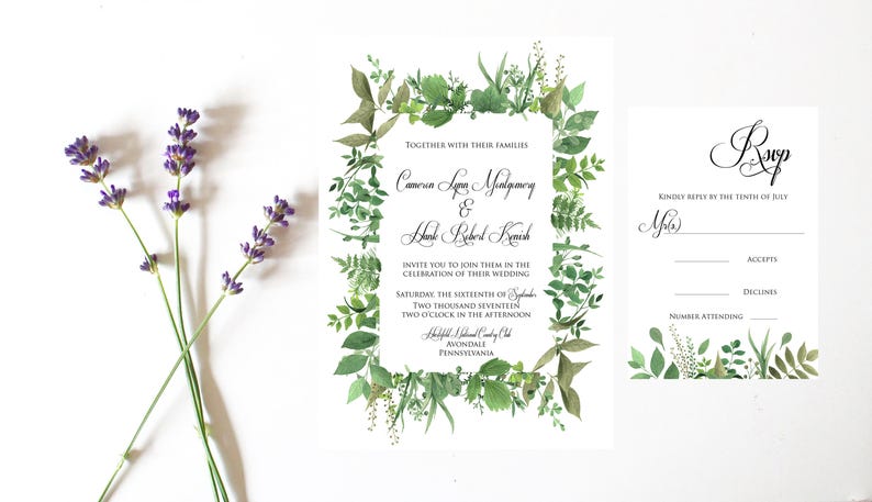 Greenery Wedding Invitation Printable Watercolor Wedding Invitation Set Botanical Wedding Invites Digital Download Invitations Wedding