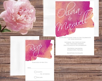 May include: Wedding invitation with a watercolor background in shades of pink and orange. The invitation features the names "Olivia & Maxwell" in white script. The RSVP card includes a watercolor background and a section for guests to indicate their attendance.