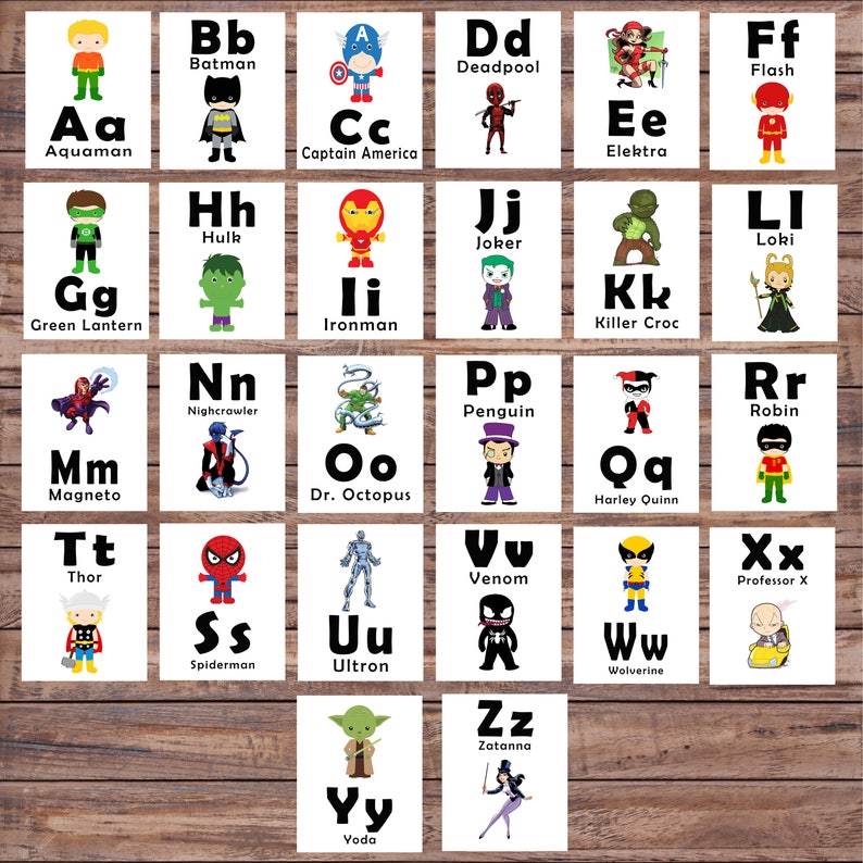 abc printable flash cards learning toys superhero printable etsy