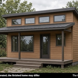 May include: A 16x24 studio cabin with brown horizontal siding, a dark metal shed roof, and a front porch. The structure features a single glass door, multiple rectangular windows, and a small set of steps. Text at the bottom reads: Artist's rendering, AI-generated; the finished home may differ. The Cheaha 16x24 Studio Cabin.