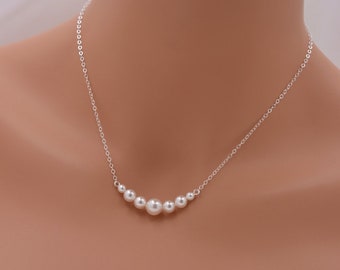 Set of 3 Sterling Silver Necklaces, 3 Bridesmaid Necklaces, Floating Pearl Bar Necklace, Real Silver 0305