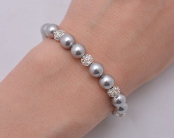 Grey Pearl Bridal Bracelet, Light Grey Pearl and Rhinestone Wedding Bracelet, Bridesmaids Jewelry 0214