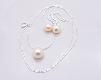 Sterling Silver Ivory Pearl Set, Necklace and Earrings, Bridal Pearl Set 0158