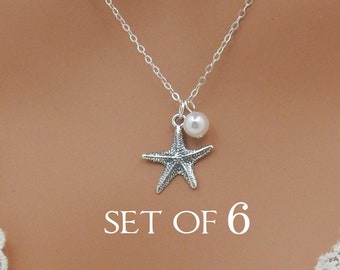 Set of 6 Sterling Silver Starfish Necklaces, Bridesmaid Pearl Necklaces, Beach Wedding Jewelry 0441