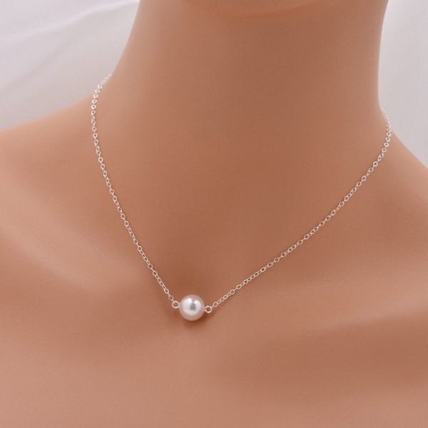 Large Pearl Necklace, 10mm Pearl Necklace, Floating Pearl Necklace, Sterling Silver Necklace, Suspended Pearl Necklace, Bridal Necklace 0306