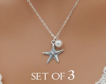 3 Bridesmaids Starfish and Pearl Necklaces,  Set of 3 Sterling Silver Pearl Necklaces, Beach Wedding Jewelry 0441