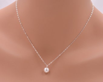 Sterling Silver Pearl Pendant Necklace, Single Pearl Necklace 0086