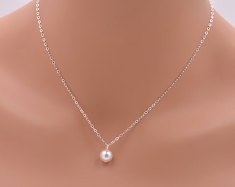 Juego de 6 collares con colgante de perla pequeña para dama de honor, plata de ley 925