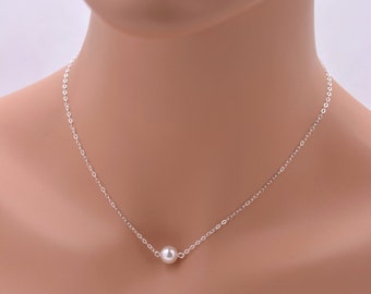 Set of 4 Floating Pearl Bridesmaid Necklaces, Real 925 Sterling Silver, Single Pearl Bridesmaid Gift 0084