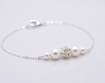 Pearl and Rhinestone Bridal Bracelet, White Ivory Wedding, Floating Pearl Crystal