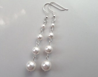 Long Pearl Drop Earrings, Sterling Silver Wedding Earrings or Prom