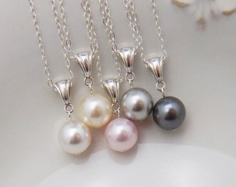 6 Bridesmaid Pearl Necklaces in Sterling Silver, Set of 6 Pearl Pendant Necklaces, Large Pearl Necklace 0088