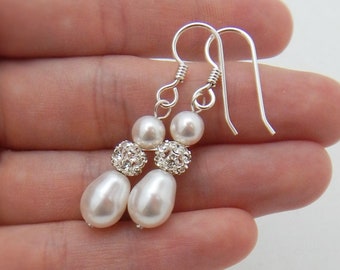 Sterling Silver Bridal Earrings, Pearl Drop Wedding Earrings, Teardrop Pearl and Rhinestone 0393