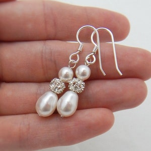 Sterling Silver Bridal Earrings, Pearl Drop Wedding Earrings, Teardrop Pearl and Rhinestone 0393 afbeelding 1