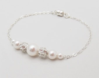 Delicate Pearl Bridal Bracelet with Magnetic Clasp, White Ivory Wedding Bracelet, Sterling Silver Chain 5001