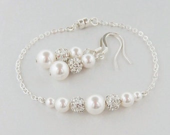 Pearl Jewelry Set with Bracelet and Earrings, Magnetic Clasp Wedding Bracelet, Pearl Bracelet Earrings Set 5002