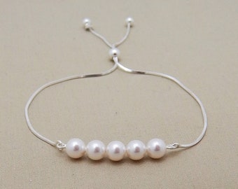 Set of 4 Bridesmaids Adjustable Bracelets with Sliding Clasp, 4 Pearl Bar Sterling Silver Bracelets 0431
