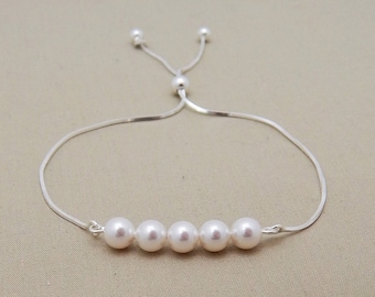 Set of 5 Bridesmaids Pearl Bracelets, Sliding Clasps Adjustable Bracelets, Sterling Silver 0431