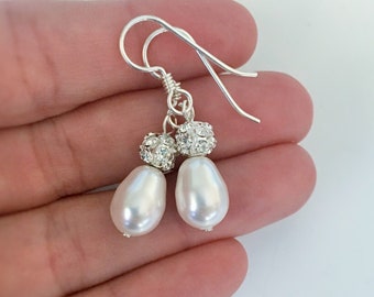 Sterling Silver Pearl and Rhinestone Bridal Earrings, Pearl Drop Wedding, Teardrop 0389