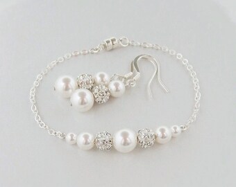 Set of 6 Bridesmaids Bracelets and Earrings, 6 Bridesmaid Pearl Sets, Magnetic Clasp Bracelet 5002