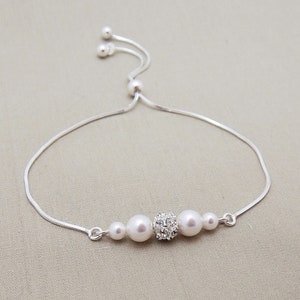 Set of 6 Pearl and Rhinestone Adjustable Bracelets, 6 Bridesmaid Sterling Silver Sliding Clasp Bracelets 0438