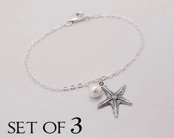 Sterling Silver Starfish Bracelets with Pearl Charm, Set of 3 Bridesmaids Pearl Bracelets, Beach Wedding 0440