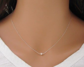 Set of 5 Bridesmaid Tiny Pearl Necklaces, 5 Bridesmaids Sterling Silver Necklaces, Solitaire Pearl Necklace