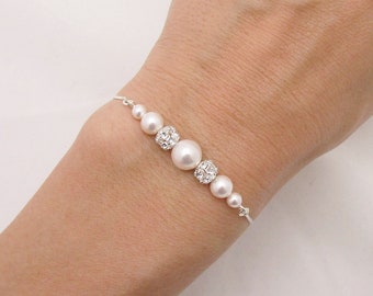 Set of 4 Pearl and Rhinestone Adjustable Bracelets, Set of 4 Bridesmaids Sterling Silver Bracelets 0445