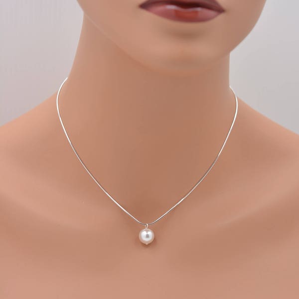 One Pearl Necklace, Single Pearl Pendant on Sterling Silver Snake Chain, Bridesmaid Necklace 0063