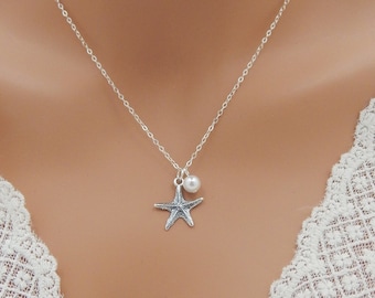 Silver Starfish and Pearl Necklace, Sterling Silver Beach Wedding Jewelry 0441