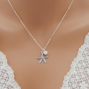 Silver Starfish and Pearl Necklace, Sterling Silver Beach Wedding Jewelry 0441 image 1