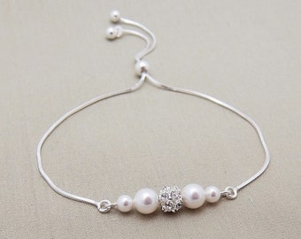 Pearl and Rhinestone Bridal Bracelet, Bridesmaid Sterling Silver Adjustable Clasp Bracelet 0438