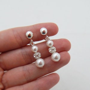 Sterling Silver Clip On Pearl Wedding Earrings, Rhinestone Clipon Bridesmaid Earrings 01511