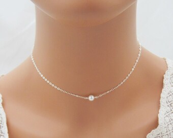 Set of 3 Pearl Necklaces, 3 Sterling Silver Bridesmaids Necklaces with Floating Pearl 0429