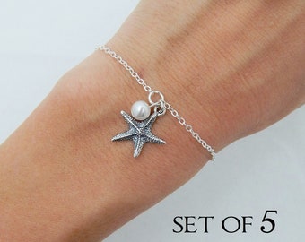 5 Bridesmaids Starfish and Pearl Bracelets, Set of 5 Beach Wedding Jewelry Bracelets Sterling Silver 0440