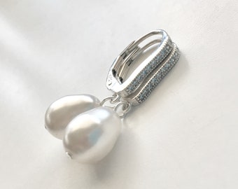 Sterling Silver CZ and Pearl Earrings, Pearl Drop Bridal Earrings 0386