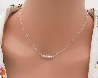 Tiny Pearl Necklace, Sterling Silver Pearl Row Bridal Necklace, Bridesmaid Necklaces