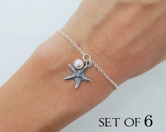 Starfish Bracelets Set of 6 in Sterling Silver, Pearl Bridesmaids Gift 0440