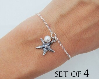 Set of 4 Starfish and Pearl Bracelets, Set of 4 Bridesmaids Sterling Silver Bracelets, Beach Wedding Gifts 0440