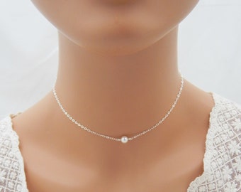 Bridesmaids Necklaces Set of 6, Tiny Pearl and Sterling Silver Choker Necklace, Solitaire Pearl 0429