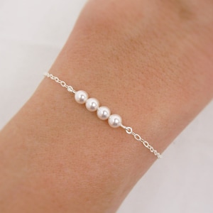 Set of 6 Bridesmaids Dainty Pearl Bracelets Sterling Silver, 6 Bridesmaids Tiny Pearl Bar Bracelets