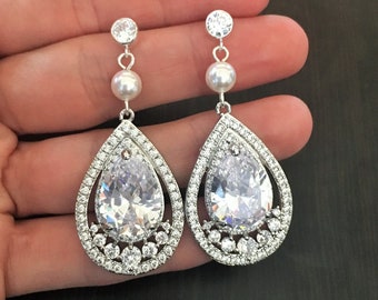 Crystal and Pearl Sterling Silver Bridal Earrings, Long Wedding Earrings with Crystal Pearls 6018