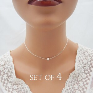 4 Bridesmaids Tiny Pearl Necklaces, Set of 4 Pearl Necklaces in Sterling Silver, Suspended Pearl 0429